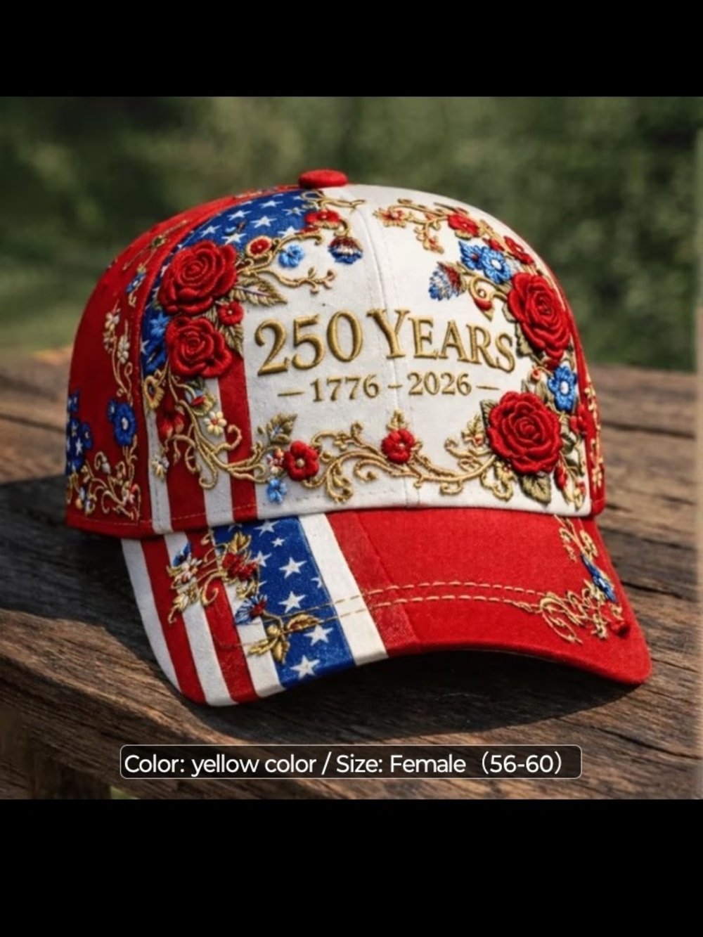 Printed 250 Years Patriotic Baseball Cap - Red, White, Blue, Gold
